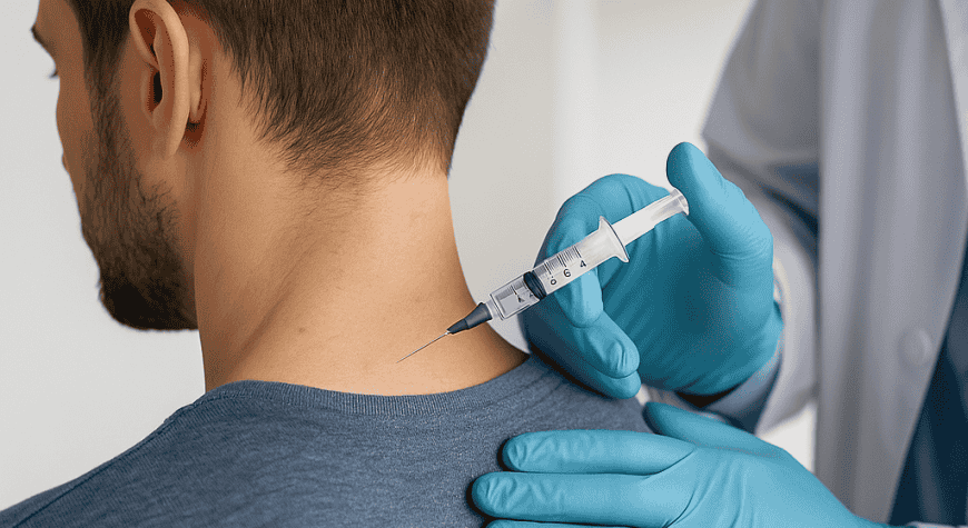 Botox-Injektion im Nacken zur Behandlung chronischer Migräne in neurologischer Praxis