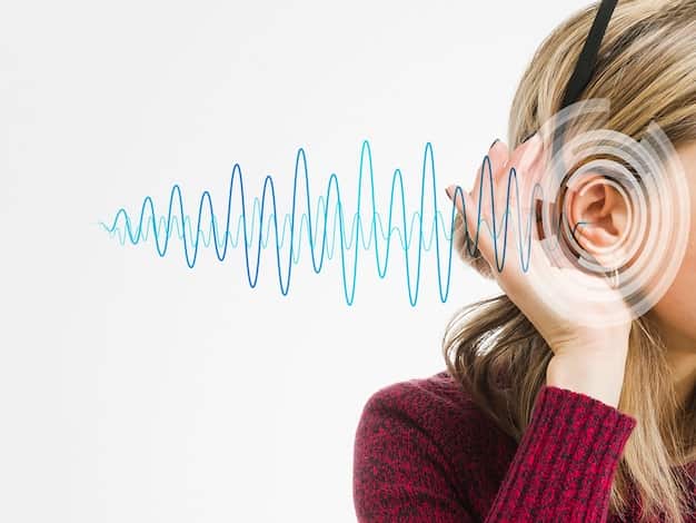 Frau mit Hörgerät und Schallwellen – Symbolbild für akustisch evozierte Potenziale
