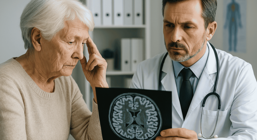 Neurologe bespricht mit Seniorin ein MRT-Bild zur Früherkennung von Alzheimer